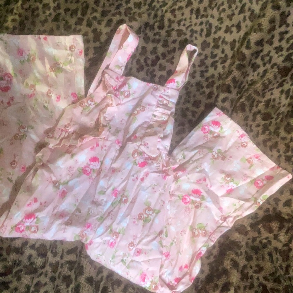 Pink floral flared ruffled overalls